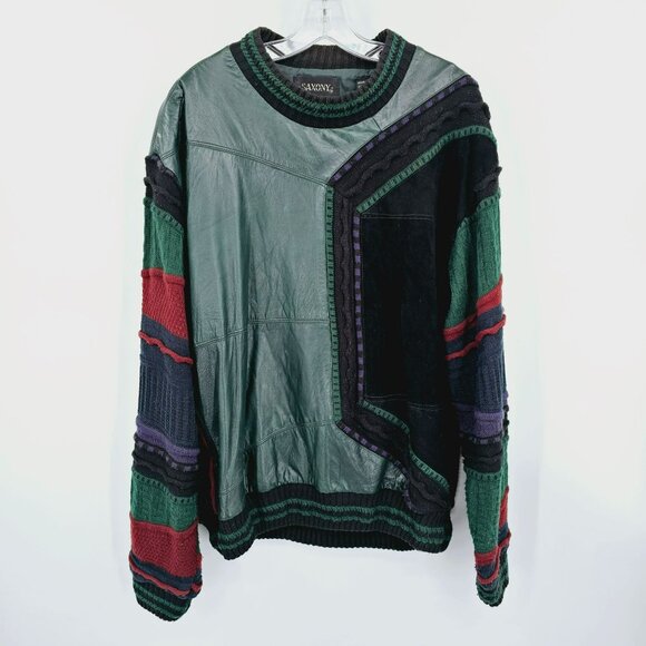 Saxony Collection VTG 80s Cosby Sweater XL Colorblock Leather Suede HipHop 90s - Picture 1 of 13